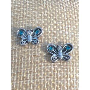 Silver Tone Butterfly Stud Earrings Blue Rhinestones Pierced .5" Across Insects
